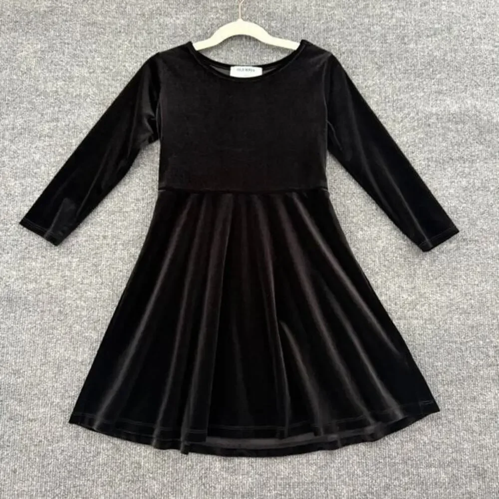 Old Navy Girls Black Velour Fit & Flare Dress Size 6/7 Holiday Twirly Velvet